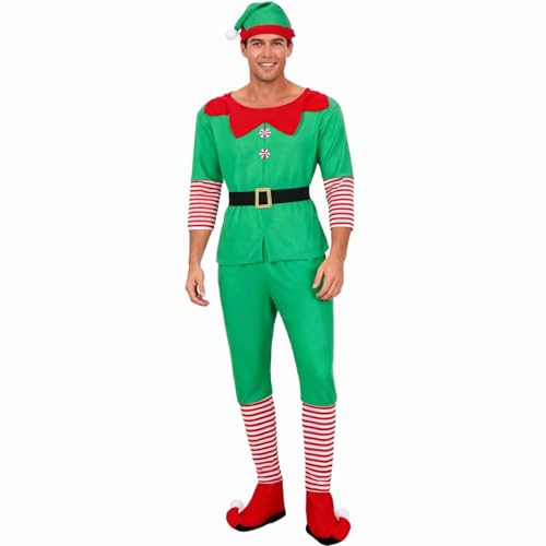 Bkazwe Costume Lutin Noël Homme, Déguisement de Noël Lutin pour Homme Elfe de Noëls, Combinaison Adulte Noëls en Polaire + Chapeau + Chaussures, Tenue...