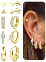 14K Gold Plated Hoop Earrings for Women - 5 Pairs Sterling Silver Post Huggie Earring Stacks for Multiple Piercing Trendy Cartilage Hypoallergenic Earings for Sensitive Ears