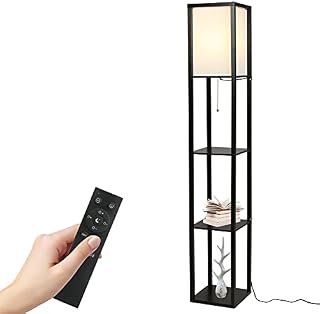 Tomshine Floor Lamp with Shelves, 3 Layers Wooden Shelf Tall Lamps with Remote Control Modern Standing Lamps for Living Room Office Home Decoration (Bulb Included) (Black)