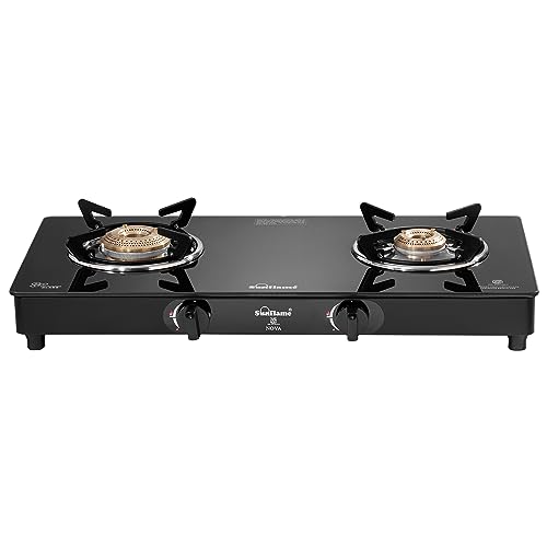 Sunflame NOVA 2 Burner Gas Stove with Toughened Glass Top, Powder Coated GP Sheet Base, Manual Ignition, 2 Brass Burner (2 Year Warranty, Black)