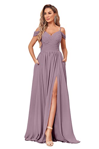 Image of BOLENSYE Off the Shoulder Bridesmaid Dresses with Pockets Ruched Chiffon Long Slit Formal Evening Gown