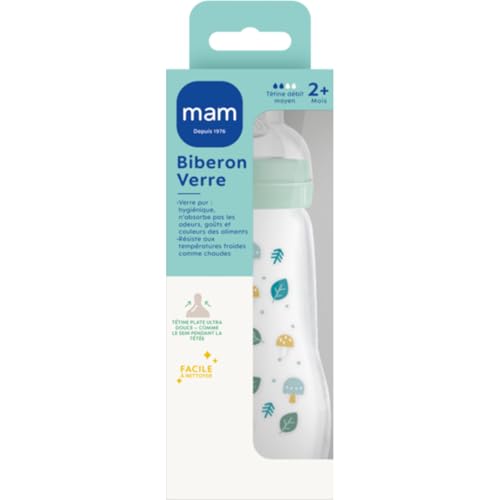 MAM Biberon en verre (260 ml) – Biberon résistant à la chaleur et aux variations de température – Tétine Débit 2 Moyen pour bébé à partir de 2 mois –...
