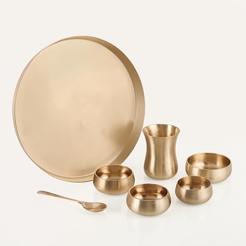 Image of The healing store 7-Piece Kansa Solid Dinner Set|Shine Finish|1 Plate (11.5 inch Thali),3 Bowls,1 Glass,1 Sweet Dish Plate,1 Spoon | Bronze Kansa Dinner Set 7 matt Polish