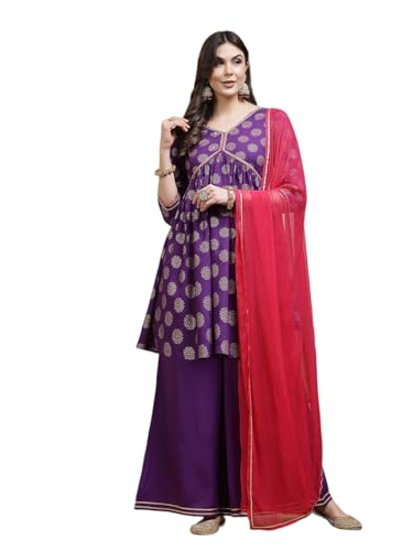 Stylum Women's Ethnic Motif Rayon A-Line Kurta Palazzo Dupatta Set (Kpdvoilnaaz42_Violet, Xl)
