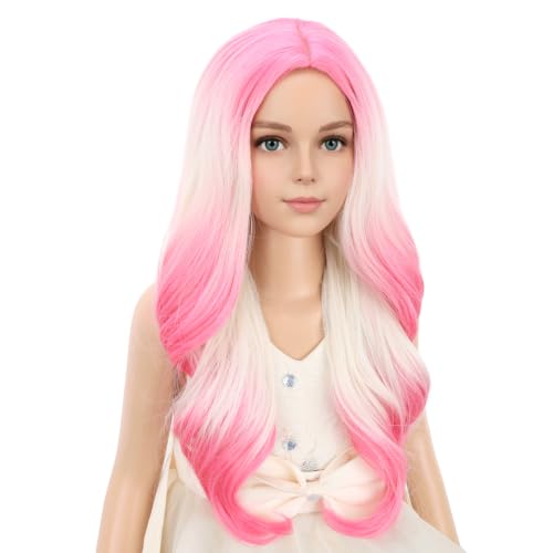 Image of PATTNIUM Ombre Pink Wig Kids Child Long Curly Wavy Lovely Pink Wig Blonde to Pink Middle Part Girls Wigs Heat Resistant Synthetic Hair Wigs