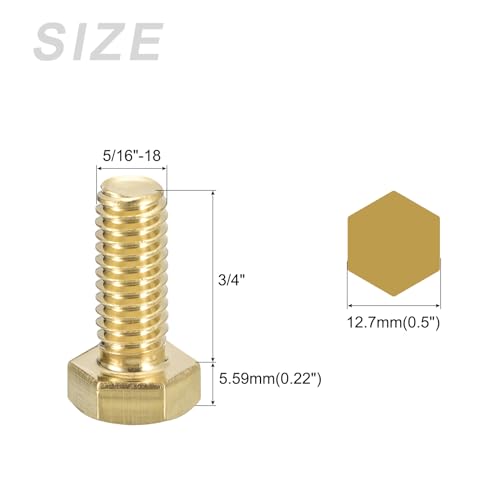 Image of METALLIXITY Hex Head Screw Bolt (5 /16-18x3 /4 inch) 5Pcs, Brass Fully Threaded Solid Brass Hex Bolts Machine Screws - for Machinery Repair