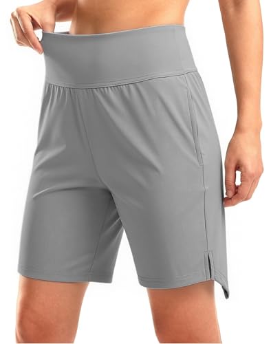 Aseniza Kurze Hose Damen High Waist Bermuda Sport Shorts Laufshorts Radlershorts mit Taschen für Yoga Laufen Urlaub Fitness Mittelgrau S