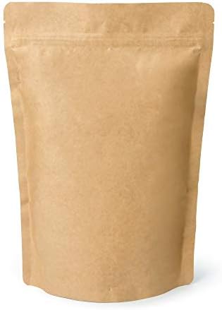 250 grams / 8 Ounces / ½ Pounds Kraft Paper Stand Up Coffee Bag Pouch. Round Bottom, Zip Lock, Degassing Valve and Heat Seal-able. Pack of 50