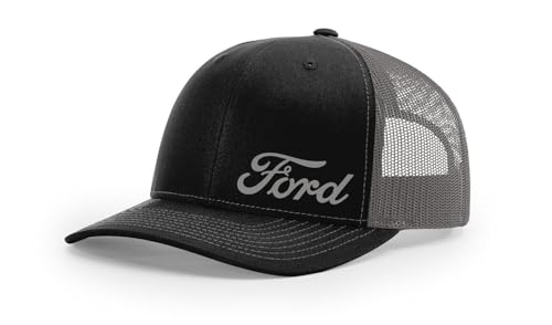 Ford Motor Co Script Logo Side Panel Embroidered Richardson 112 Snapback Trucker Hat Cap Black/Charcoal