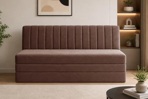 Image of 3-Seater Velvet Sofa Cum Bed | Convertible Sleeper Sofa | Modern Foldable Couch for Living Room, Bedroom & Office | Brown