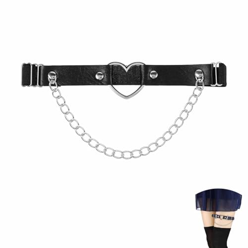 Leder Bein Strumpfband Schwarz,Verstellbarer Beinkette Oberschenkel,Gothic Oberschenkel Riemen Damen,Leather Leg Harness mit Herz Ketten,Festival Outfit Sexy Accessoires für Rave Halloween Cosplay