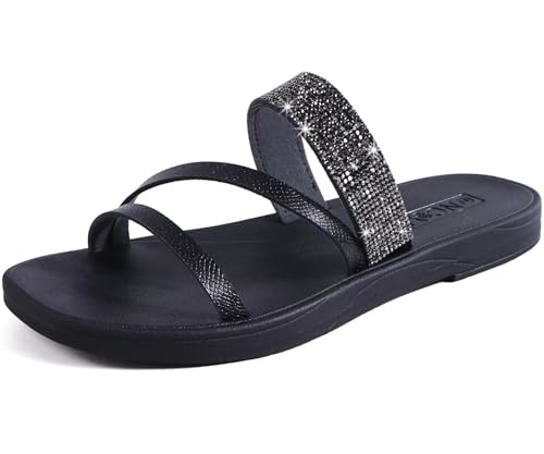ONCAI Women's Flat Sandals Summer Dressy Casual Fashion Glitter Rhinestone Slip On Ladies Sparkly Slides Comfortable Cushion Beach For Woman 2025 Black Size 7