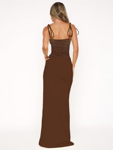 Image of Women's Lace Splicing Cutout Maxi Dress Square Neck Sleeveless Bodycon Long Dress with Sheer Corset