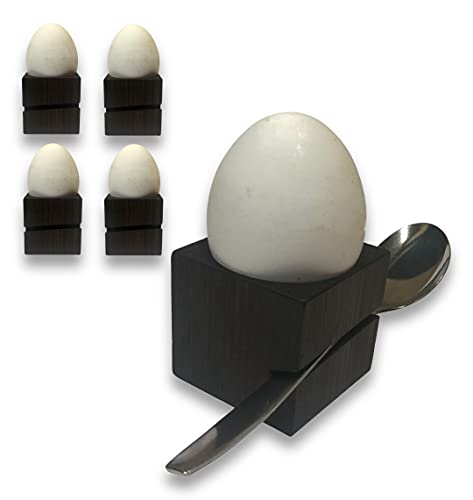 BUNBAN 4 Eierbecher aus Massivholz mit Löffelhalter modernes eckiges Design 4,5 x 4,5 x 4,5 cm (4 Stück) (Räuchereiche) Cover