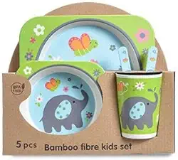 Conjunto alimentação de bebês com 5 peças, contendo prato, tigela, copo, garfo e colher em fibra de bambu. Elefantinho.