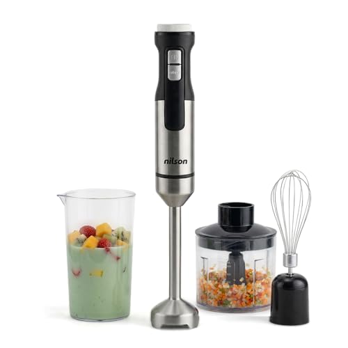 Nilson Life Batidora de Mano, 1500 W, Cuchillas con 4 Aspas, Bate, Mezcla y Pica, Múltiples Velocidades, Display LED, Función Turbo, Vaso 0,7 L, NHB15003AX, Cable 1 M, Inox