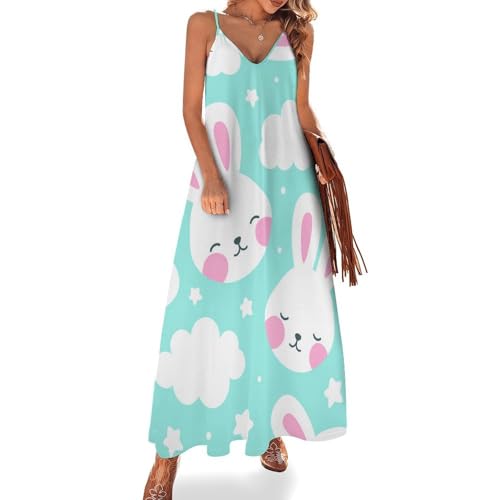 Robe longue femme été imprimé lapins robe maxi sans manches plage et vacances