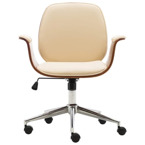 vidaXL Cream Artificial Leather Office Chair with Bent Wood Frame and Adjustable Height - Comfortable Seating for Workplace or Home Office4