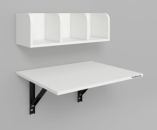 Image of Madhuran Eraadan Engineered Wood Wall Mounted Folding Study Laptop Table with Storage Shelves Shelf Racks (White) Living Room Office Workstation Multipurpose Furniture Accessories
