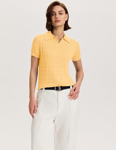 Image of Micoson Womens Short Sleeve Sweater Tops Lapel V Neck Polo Shirts 2026 Summer Cable Knit Loose Blouse Business Casual Outfits