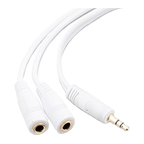 3.5mm Headphone Y Splitter | 1 Male to 2 Female Audio Jacks | Allows 2 People to Listen to 1 Sound Source | Ideal for all Media Players and Other Audio Devices with a 3.5 mm Port (White) by Mobi Lock Cover