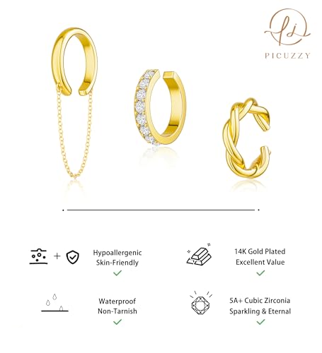 Gold Ear Cuff Earrings for Women Non Piercing, 14K Gold Plated/Silver Cuff Earrings for Women, Hypoallergenic Cubic Zirconia Cartilage Hoop Earring Fashion Jewelry Set3