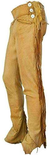 Men's Traditional Cowboy Western Leather Pants Gold Braided with Side Fringe Native American Western Trouser Pant Buck Skin3