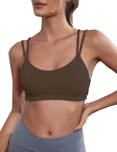 Image of Yoga Sports Workout Bras for Women Seamless Molded Cup Spaghetti Double Strap Bra Wirefree Scoop Neck Tank Top Bras
