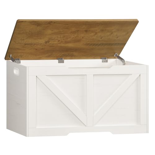 Image of usikey 39.4" Storage Chest, Toy Box with 2 Safety Hinges, Lift Top Wooden Toy Chest, Storage Bench, for Living Room, Bedroom, Entryway, White+Honey Brown