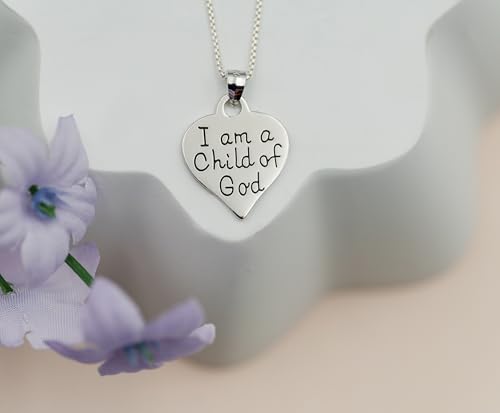 Precious Pieces Children's Sterling Silver "I Am a Child of God" Heart Necklace, Religious Jewelry First Communion Gift for Girls, 14"4