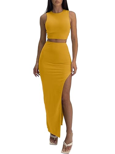 Image of ELLEVEN Two Piece Maxi Skirt Sets Summer 2 Piece Dress Outfits Sexy High Slit Long Skirt and Sleeveless Crop Top for Women Going Out Bodycon Yellow X-Small