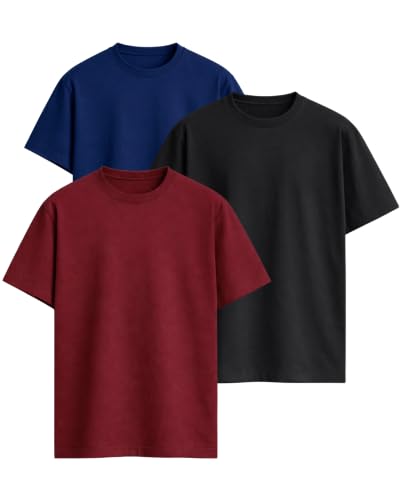 Image of VEL Plain 240 GSM Heavy Cotton Oversized T-Shirt Baggy Fit Drop Shoulder Half Sleeves Round Neck Solid Pure 100% Cotton T-Shirt for Men (Pack of 3)
