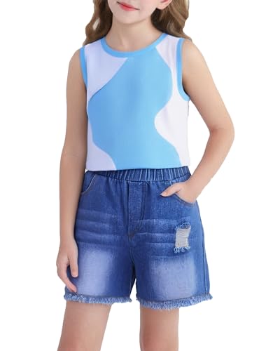 Image of YOURUIKER Girls 2 Piece Summer Outfit Kid Crewneck Tank Crop Top Pocketed Demi Jeans Set Tween Girls Preppy Clothes Size 9-10