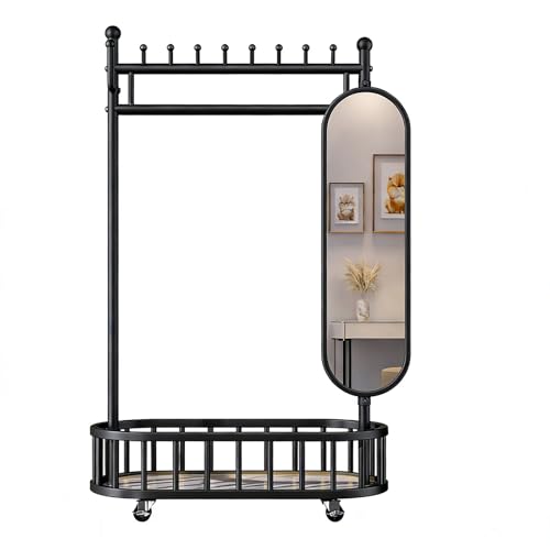 ZzERTE Burro Ropa De Metal Con Espejo,Perchero Burro Con Ruedas & Gancho,Perchero Con Barra Para Colgar,Estante De Almacenamiento,Para Dormitorio,Balcón(Black,60cm/23.6in)