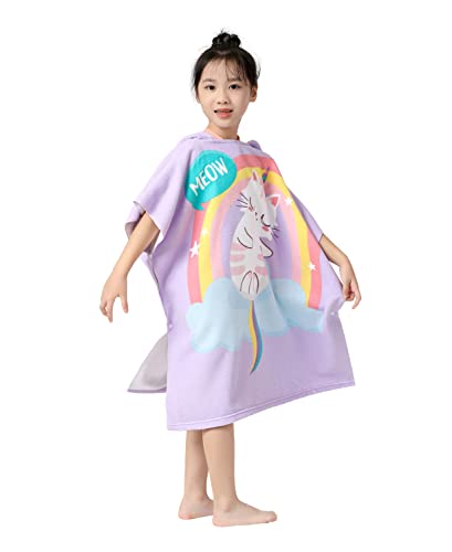 Image of Kid Girls Hooded Towel for Bath Beach, Toddlers Poncho Cover-ups Pool Swimwear, Cat Theme with Portable Bag