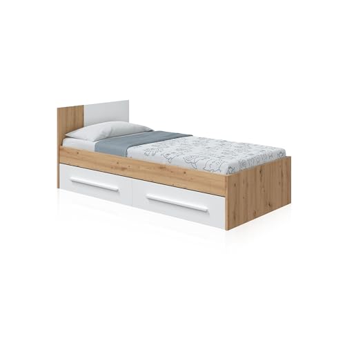 duehome | Cama Individual con 2 Cajones, Cama Juvenil, Cama Infantil, Modelo Dess, Acabado en Blanco Artik y Roble Nodi, Medidas: 196 cm (Largo) x 97 cm (Ancho) x 77 cm (Alto)