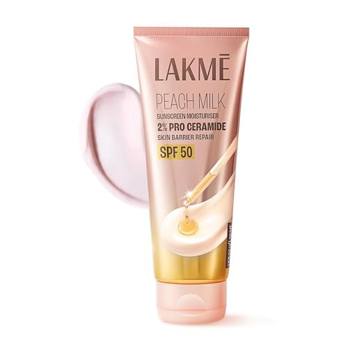 Lakme Peach Milk Sunscreen Moisturiser SPF 50 PA+++ with 2% Pro-Ceramides & Peptides | 2-in-1 Daily Face Cream | Lightweight, Non-Greasy & Sweat-Resis