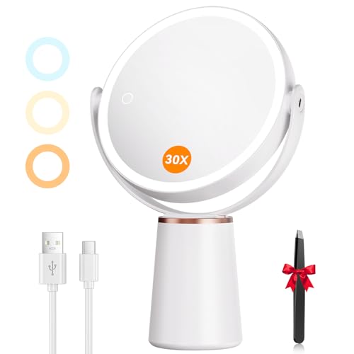 Auxmir Miroir Grossissant Lumineux 30X/10X Double Face, Miroir Grossissant sur Pied Rechargeable 2000mAh avec 3 Couleurs éclairage, 64 LED, Rotation 360° pour Maquillage, Soin du Visage