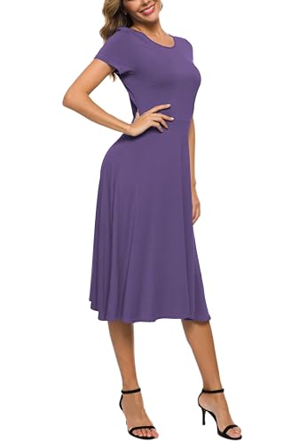 Image of EXCHIC Women's Casual Round Neck Short Sleeve Midi Dress Solid Stretchy Waist Knee Long Dress