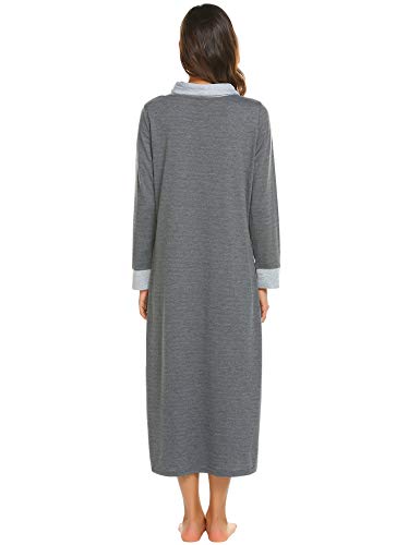 Ekouaer Long Nightgown Women Long Sleeve Loungewear Oversized Nightshirt Full Length Hooded Maxi Zipper Nightdress Grey