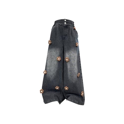 Moonker Kids Girls Baggy Palazzo Jeans Distressed Loose Wide Leg Elastic Waist Flower Denim Pants Washed Trendy