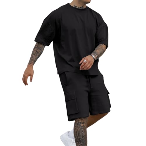 Opomelo Mens Short Sets 2 Piece Outfits - Casual Summer Tracksuit Short Sleeve Sweatsuits Sets for Men with 2 Cargo Pockets