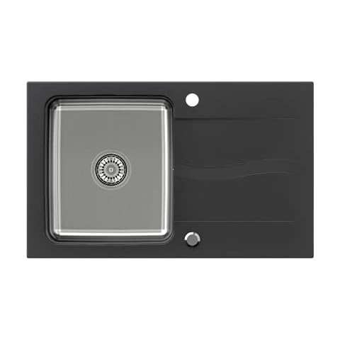 VBChome Spülbecken 78x48 Schwarz Granit Edehlstahlbecken Küchenspüle Siphon reversibel gesprenkelt Verbundabtropffläche Abtroffläche Einbauspüle Einzelbecken Modern Cover
