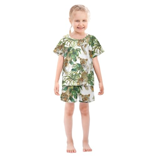 ALAZA Leopard Palm Leaves Watercolor Pajamas Short Sleeve 2 Piece Sleepwear Top and Bottom Pajama Set Unisex3