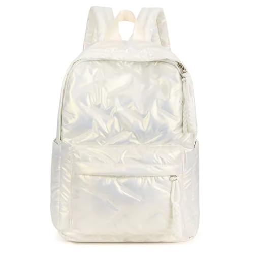 Mochila Feminina Metalizada Puffer – Bolsa Moderna e Leve para Viagem, Escola ou Uso Diário (Branca)