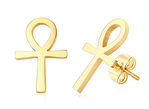 Ancient Egyptian Symbol Ankh Cross Stud Earrings Stainless Steel Key of Life Ear Plugs for Men Women