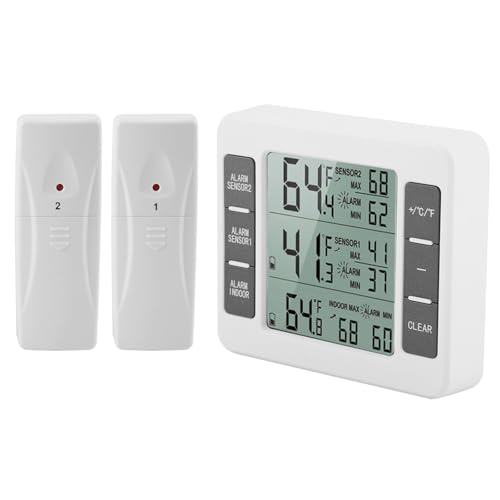 Digital Wireless Refrigerator Thermometer with LCD Display, Indoor Outdoor Temperature Monitor, Dual Remote Sensors, -40¡ãC to 60¡ãC Range, Fridge Freezer Thermometer, Audible Alarm