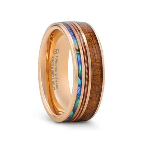 Thorsten Mens Smoked Rose Gold Tungsten Ring with Hawaiian Koa Wood Abalone & Guitar String Wedding Ring - 8mm Wide - Style name: MOANA