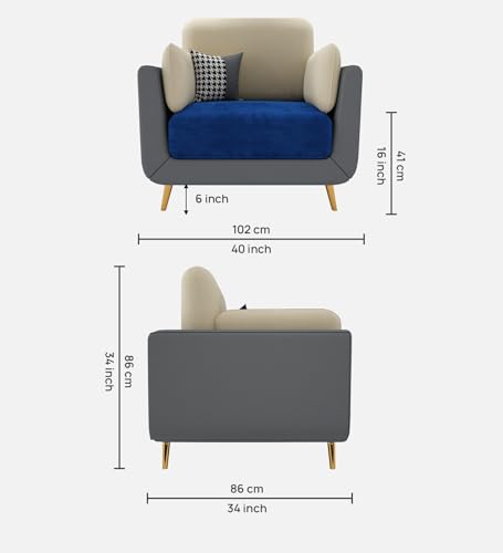 Image of Sixpine Luxury Dual Color Upholstery Sofa in Premium Velvet | Solid Wood Structure | Sturdy Golden Legs | High Density Foam | Extra Comfort for Modern Living Room (Blue & Beige, 1 Seater)