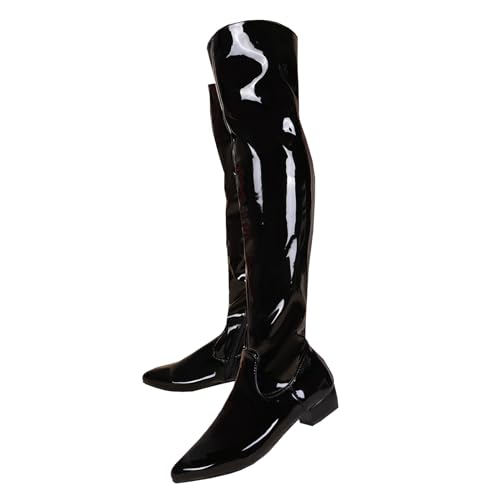BEAUPAS Women's Patent Leather Flat Over The Knee Boots Pointed Toe Thigh High Boots Zip Up Shoes(Black,11.5)